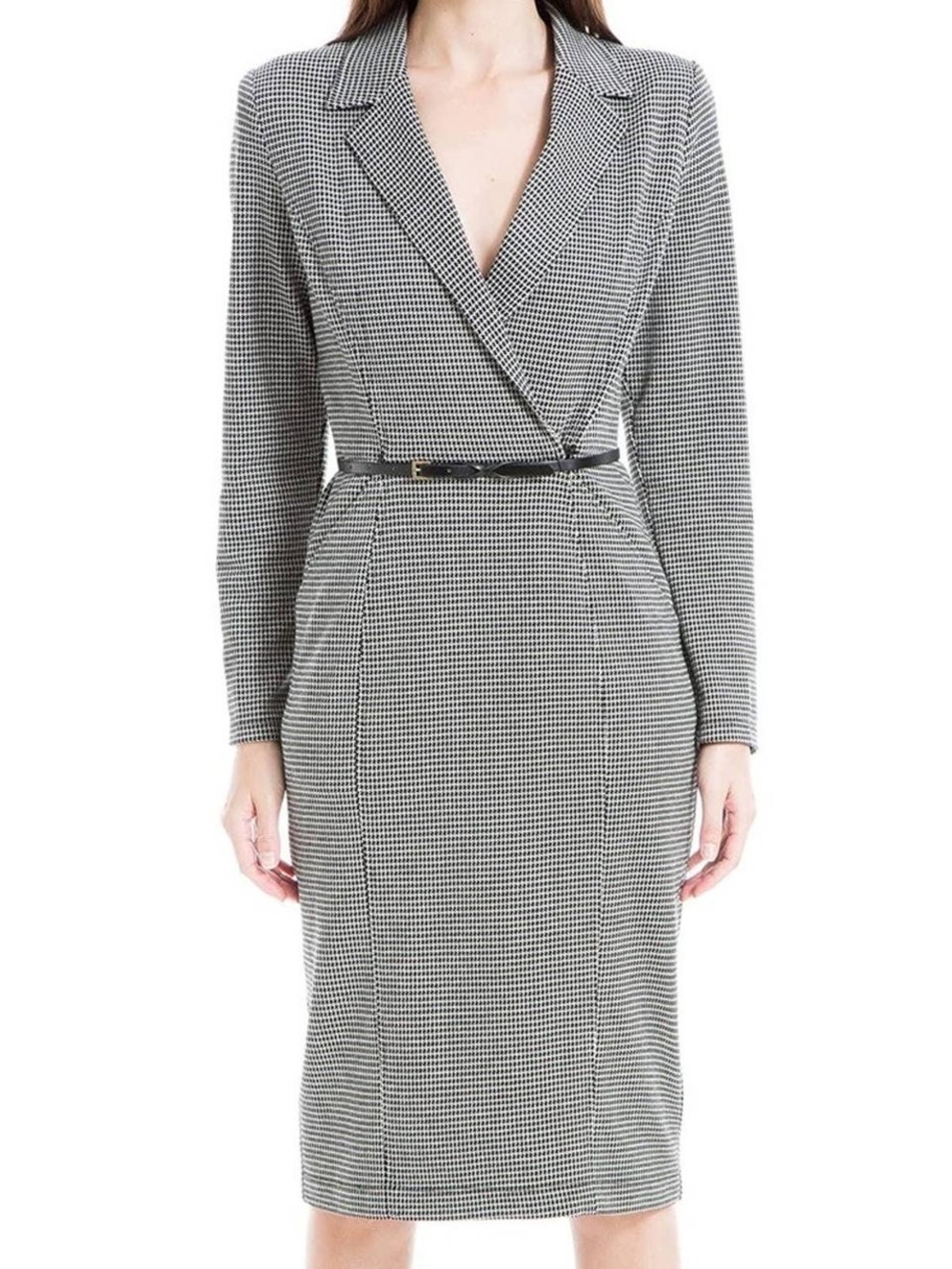 Max Studio Black & White Houndstooth Long-Sleeve Wrap Sheath Dress